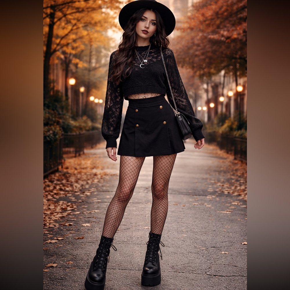 Whimsigoth Retro Dark Academia Black Mini Skirt with Gold Button Details